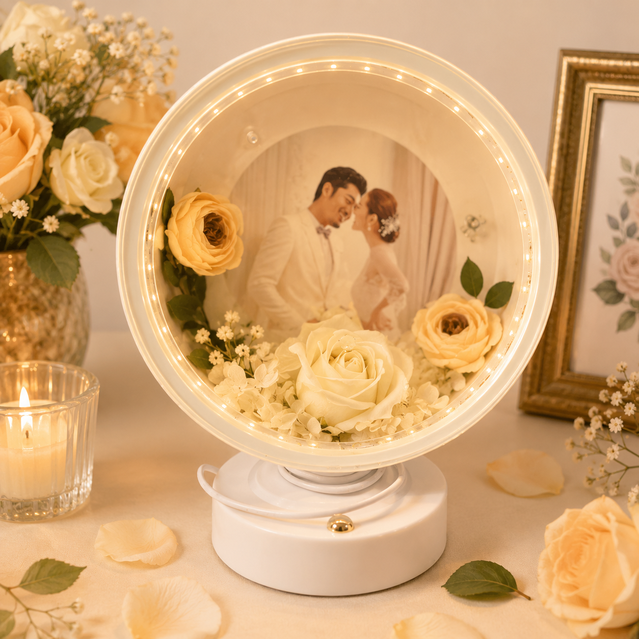 Celebrate your special moments with this elegant Heart Shape Round Photo Frame, beautifully designed with decorative roses and warm LED lights.