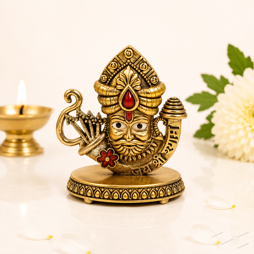 Antique Finish Gold Plated Brass Khatu Shyam Ji Pendant for Men & Women | Religious Locket | Shyam Baba Three Arrow Design | Hindu Spiritual Jewellery | Daily Wear & Gift (Pendant Only)