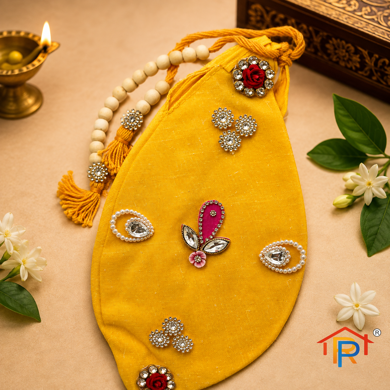 RP PoojaGhar Radhe Japa Pouch | Premium Mala Gomukhi Bag for Japa, Mantra Chanting & Meditation