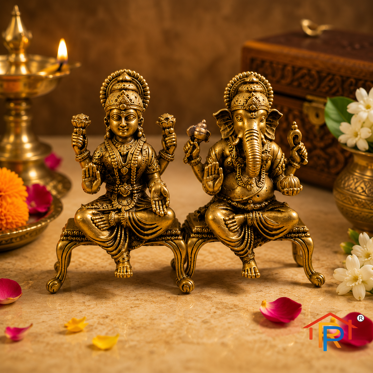RP PoojaGhar Brass Lakshmi Ganesh Idol | Premium Brass Laxmi Ganesh Murti | Decorative Puja Statue for Home Temple