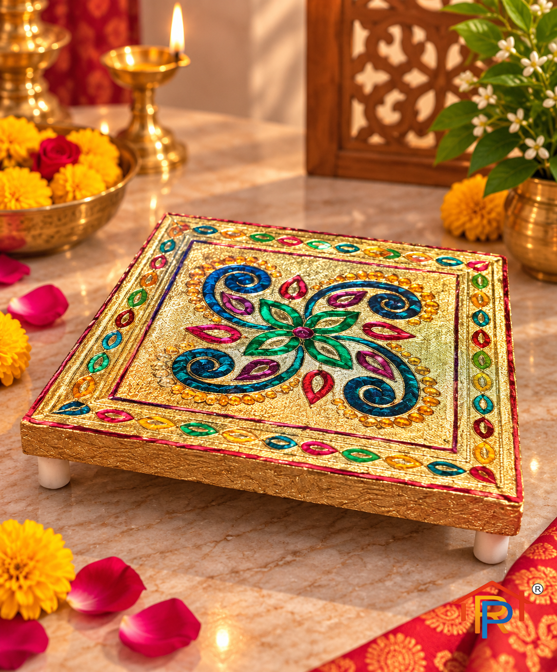 RP PoojaGhar Wooden Pooja Chowki | Wooden Statue Stand for God Idol, Home Temple & Puja Room