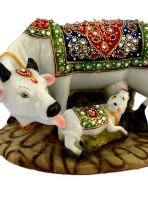 Creation Dust Polyresin Decorative Marble Kamdhenu Cow and Calf Big Handcrafted Statue, 6-inch, Multicolour.