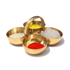 Pure Brass Small Pooja Roli, Chawal, Haldi, Kumkum Katori/Chawmukh with Handle for Home Mandir (8.5 X 8.5 CM) (Gold) (20 ml)