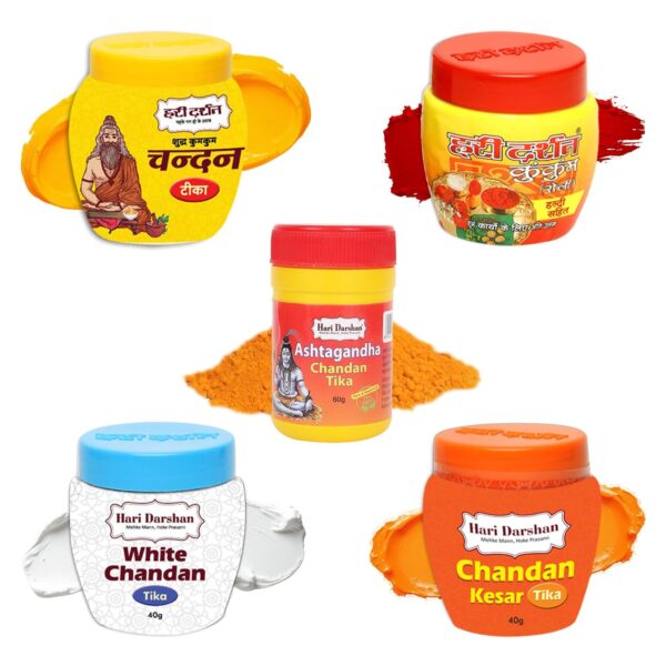 71Aup9oj8LL._SL1500_ Hari Darshan Chandan Tika Combo | Pure Sandalwood | Chandan Kesar | Ashtagandha | Kumkum Roli | White Tilak | Natural Chandan Powder for Pooja & Havan | Spiritual & Traditional Use | Pack of 5
