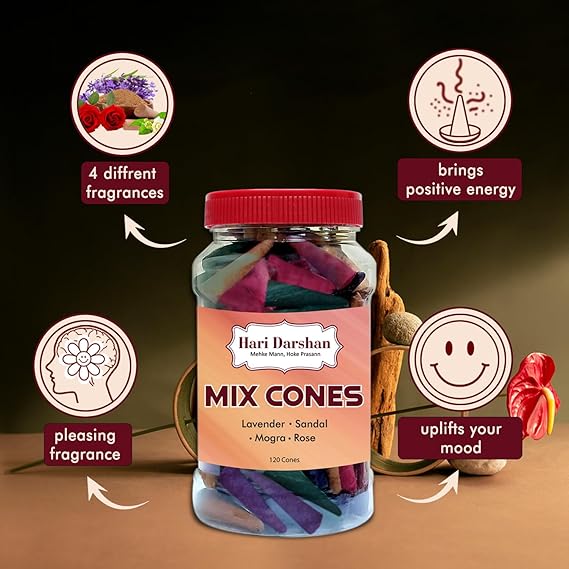 71Qqw9OjUbL._SX569_ Natural Dhoop Cones Mix - 240 Cones | Lavender Rose Sandal Mogra | Pure Long-Lasting Dhoop Cones for Pooja Meditation Home Fragrance | Pack of 2 Jars 120 Cones Each for a Divine Aroma