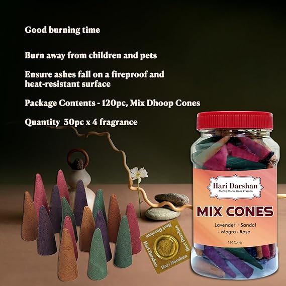 71nks-TAwpL._SX569_ Natural Dhoop Cones Mix - 240 Cones | Lavender Rose Sandal Mogra | Pure Long-Lasting Dhoop Cones for Pooja Meditation Home Fragrance | Pack of 2 Jars 120 Cones Each for a Divine Aroma