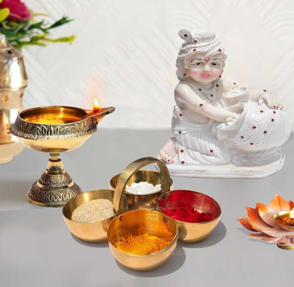 Pure Brass Small Pooja Roli, Chawal, Haldi, Kumkum Katori/Chawmukh with Handle for Home Mandir (8.5 X 8.5 CM) (Gold) (20 ml)